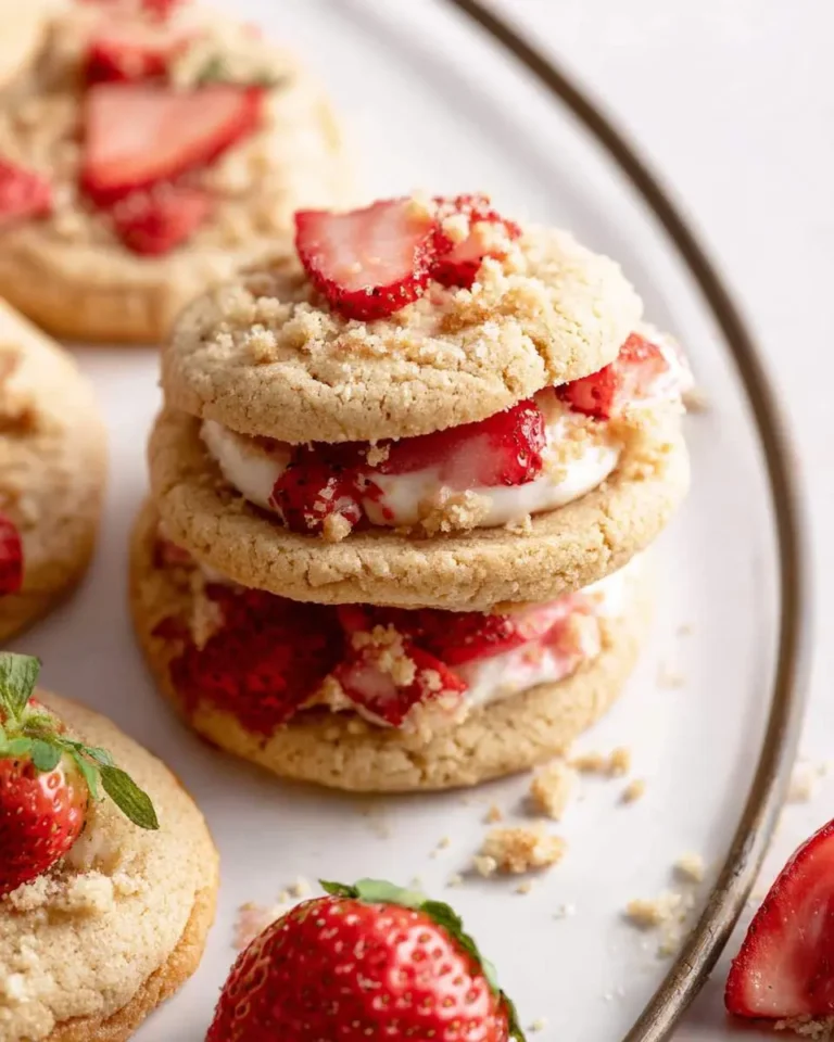 A close-up of a stack of two delicious Strawberry Shortcake Cookies filled with creamy white frosting and fresh strawberries.