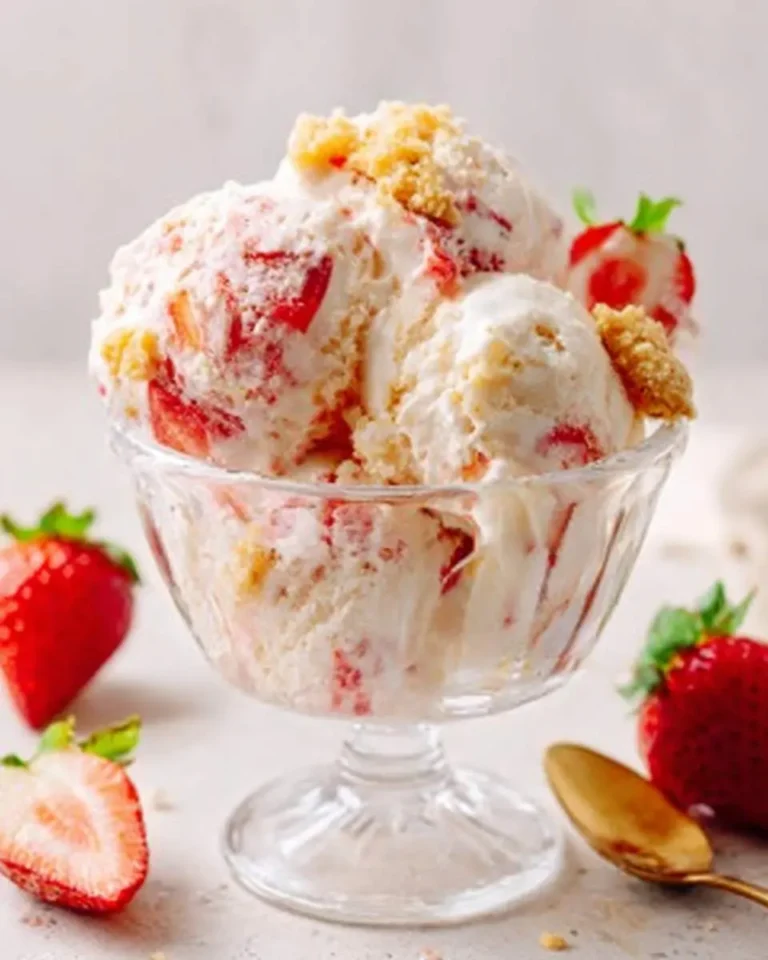 Scoops of creamy Strawberry Shortcake Ice Cream with real strawberry pieces and golden crumbs in a glass bowl, surrounded by fresh strawberries.