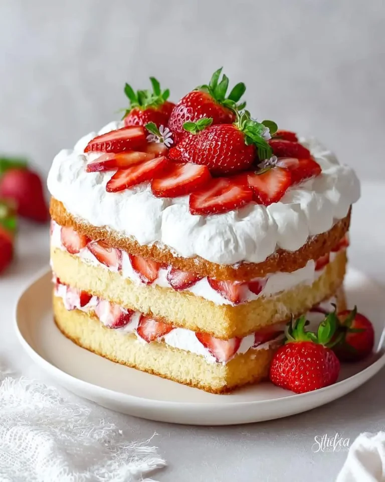 Close-up of a delectable Strawberry Shortcake Layer Cake featuring golden sponge, fluffy cream, and whole and sliced red strawberries.
