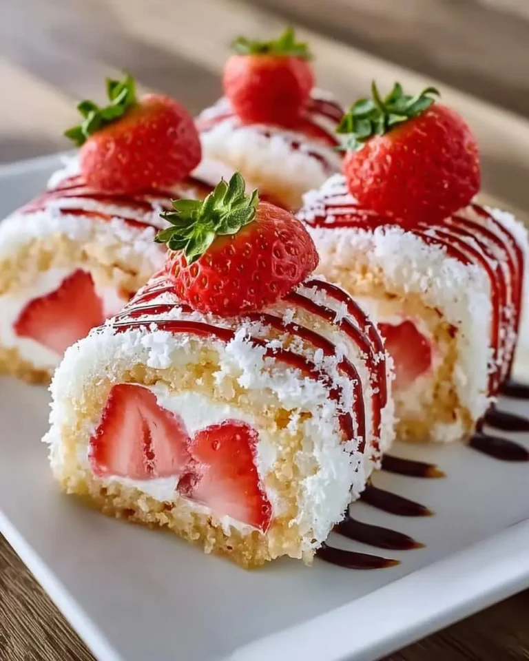 Close-up of several strawberry shortcake sushi rolls, featuring cake, cream, and fresh strawberries, drizzled with sauce.