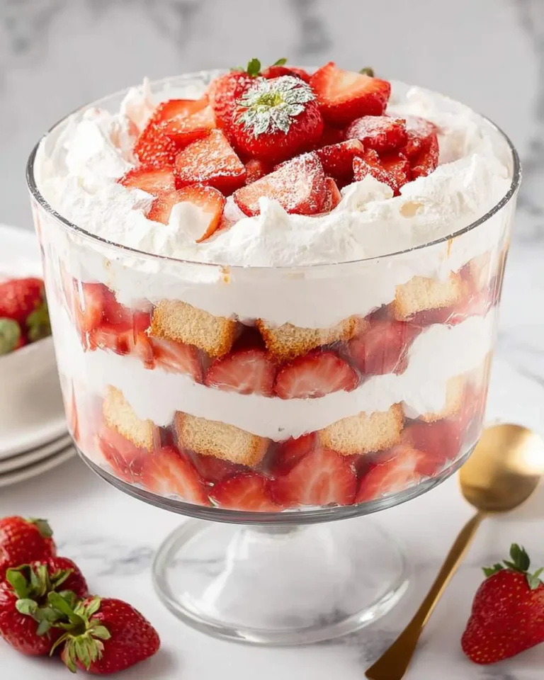 A beautiful clear glass trifle bowl filled with layers of whipped cream, sliced strawberries, and cake, creating a delicious Strawberry Shortcake Trifle.