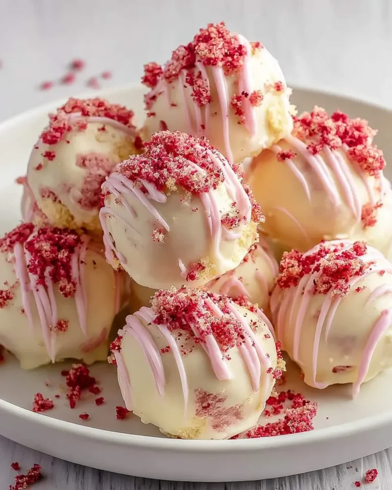 A plate of white chocolate-covered Strawberry Shortcake Truffles, decorated with pink drizzles and red berry crumbs.