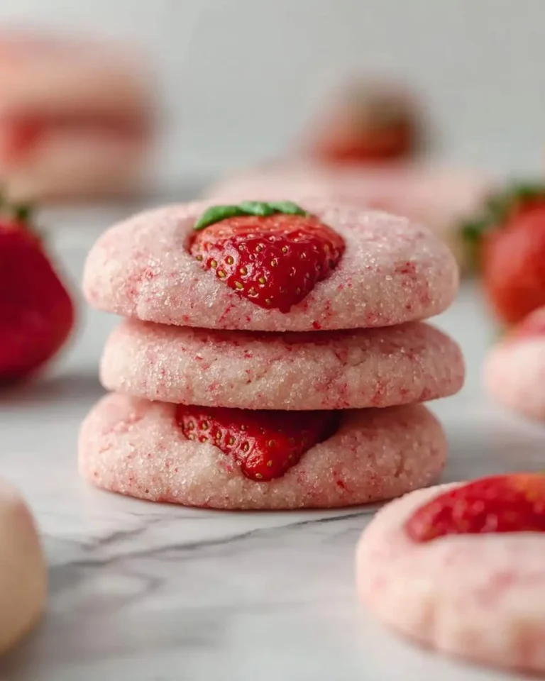 A stack of three pink Strawberry Sugar Cookies, each with a fresh strawberry half pressed in, sprinkled with sugar on marble.