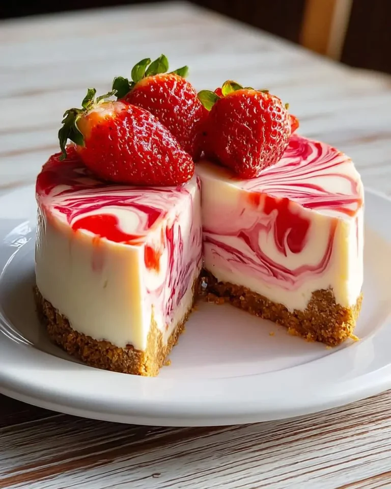 Two slices of Strawberry Swirl Cheesecake on a white plate, topped with fresh, ripe strawberries, showing the swirled filling and graham cracker crust.