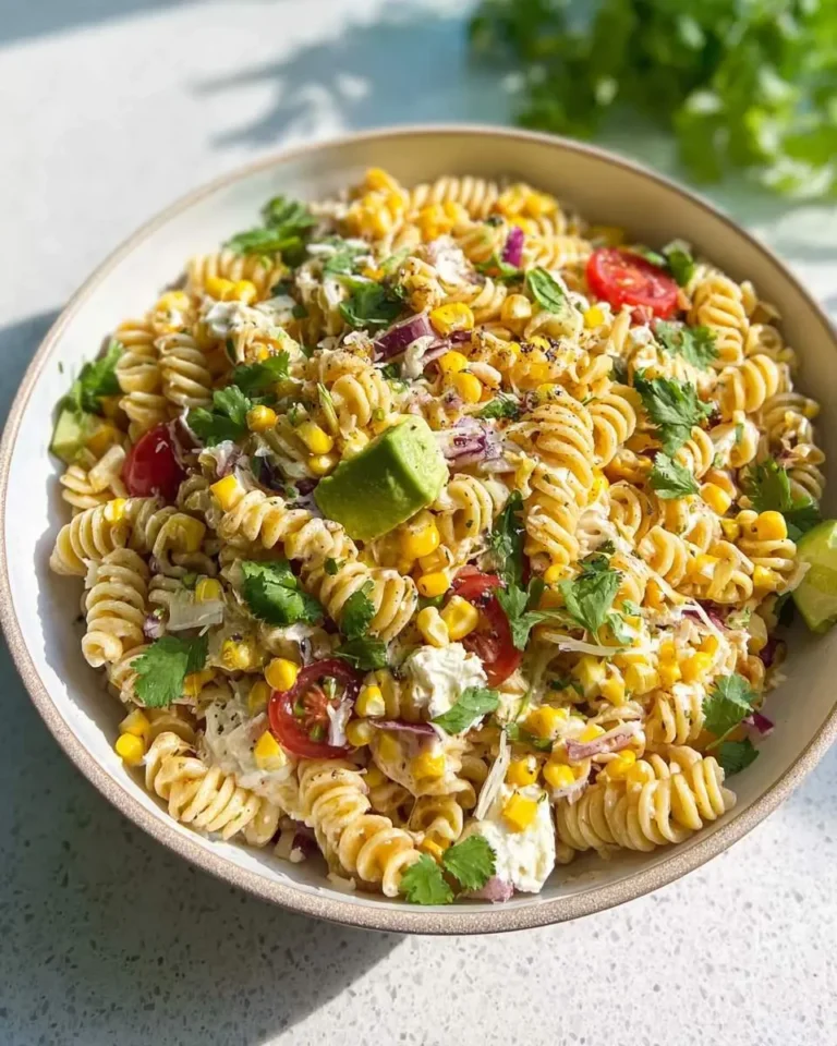 A colorful bowl of creamy street corn pasta salad featuring rotini pasta, corn, avocado, cherry tomatoes, red onion, and fresh cilantro.