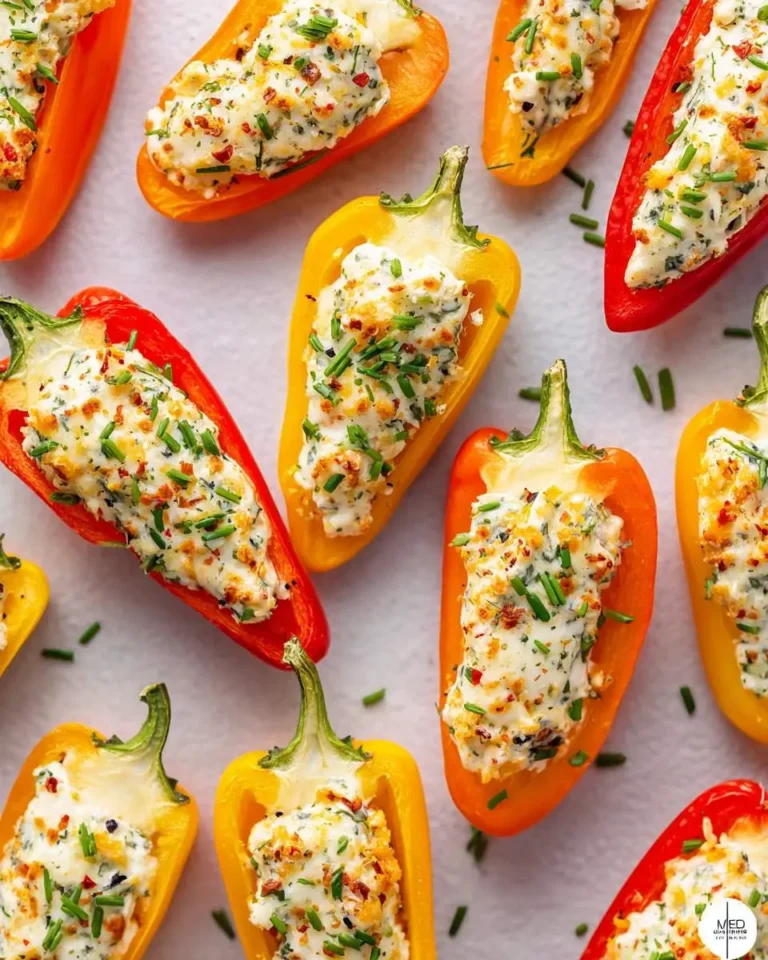A top-down view of colorful red, orange, and yellow stuffed mini sweet peppers with a creamy herb and spice filling, garnished with chives.