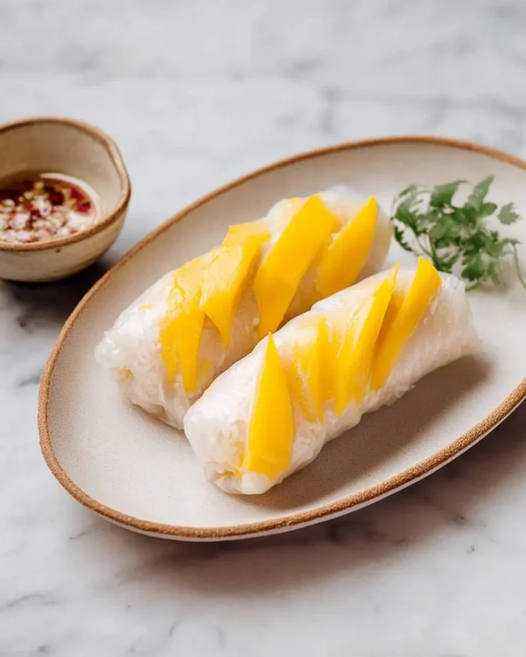 Two delicious Sweet Mango Sticky Rice Rolls, topped with vibrant yellow mango slices, served on a plate with a dipping sauce.