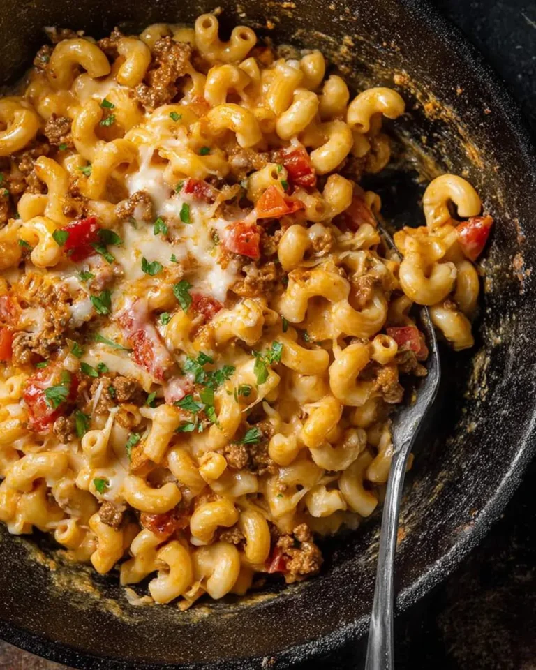 A close-up of a skillet filled with creamy taco mac and cheese, topped with melted white cheese, diced tomatoes, and fresh parsley.