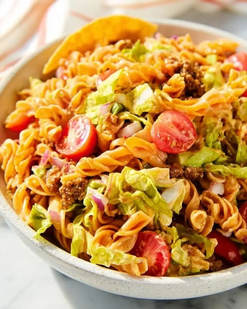 A close-up of a vibrant taco pasta salad in a white bowl, featuring rotini, ground beef, lettuce, tomatoes, red onions, and a tortilla chip.