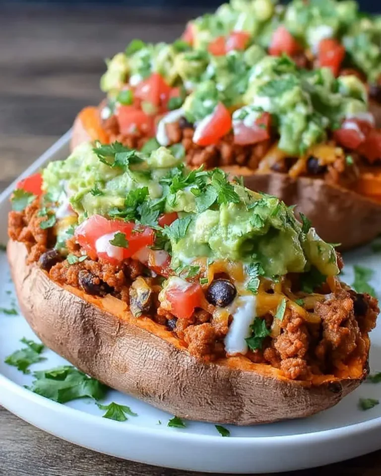 Delicious Taco Stuffed Sweet Potatoes piled high with seasoned ground meat, black beans, melted cheese, diced tomatoes, guacamole, and fresh cilantro.