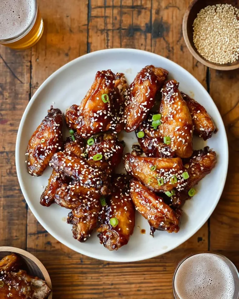 A close-up shot of a white plate overflowing with glistening teriyaki chicken wings, topped with sesame seeds and chopped green onions.