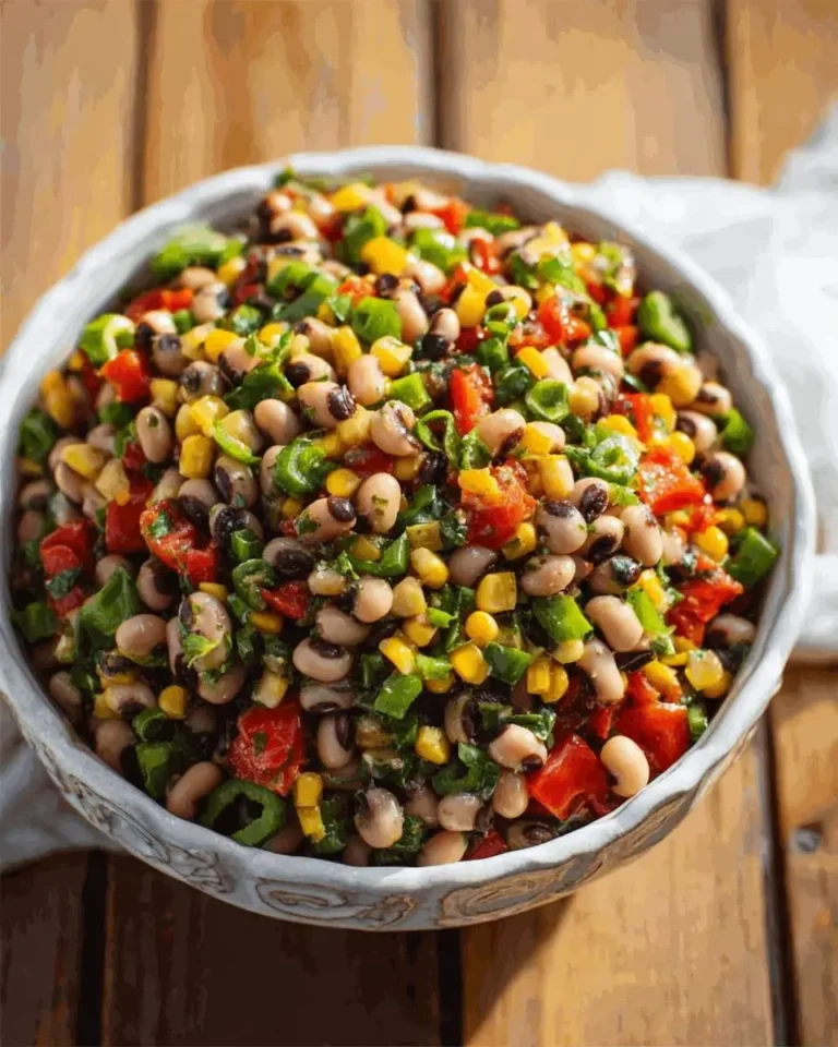 A vibrant bowl of homemade Texas caviar, filled with black-eyed peas, corn, red peppers, and green onions, sits on a wooden table.