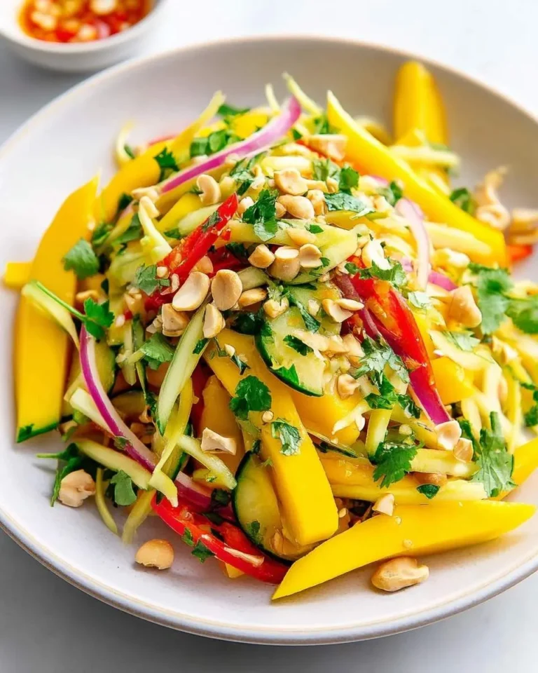 A refreshing Thai Mango Salad with Crunch, packed with mango, cucumber, red chili, onion, cilantro, and peanuts in a white bowl.