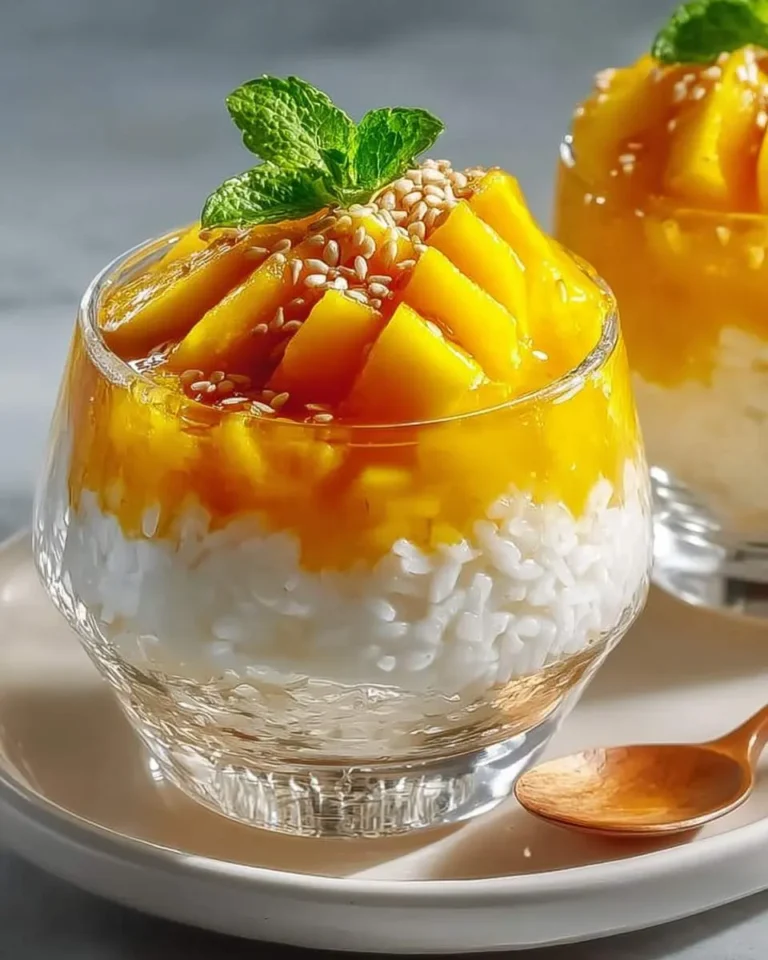 A clear glass cup holds a serving of Thai Mango Sticky Rice, topped with golden mango slices, sesame seeds, and a fresh mint sprig.