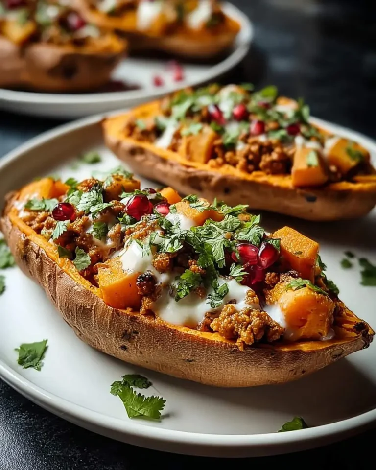 Two delicious Turkey Stuffed Sweet Potatoes garnished with fresh cilantro, pomegranate seeds, and a creamy white sauce.