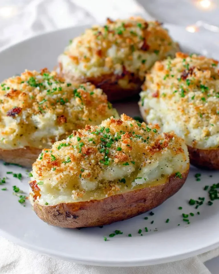 Four golden-brown twice baked potato halves on a white plate, topped with crispy breadcrumbs and fresh chives.
