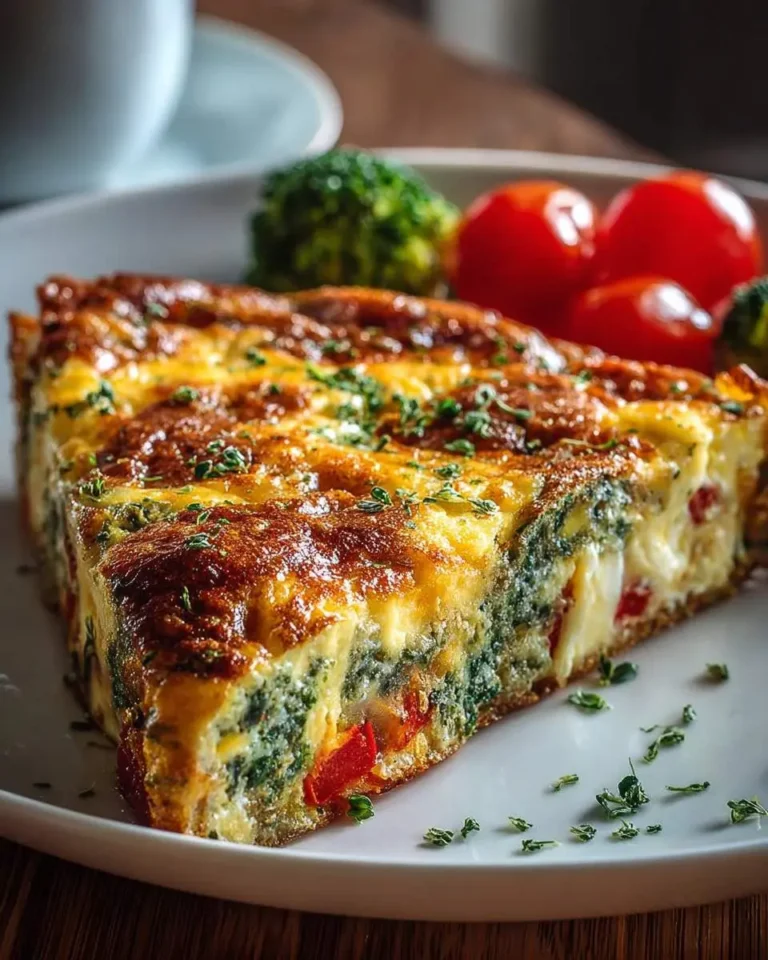 A delicious triangular slice of vegetable frittata with spinach and red bell pepper, garnished with fresh herbs, served on a white plate with cherry tomatoes and broccoli florets.