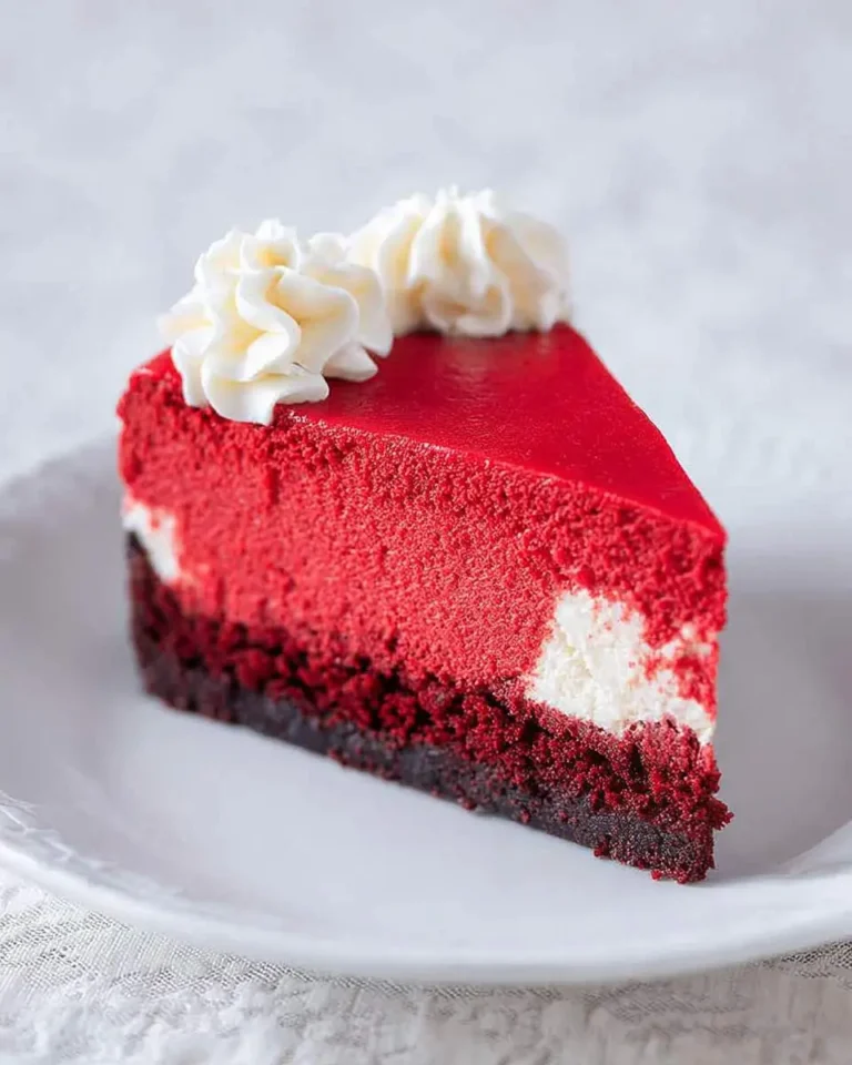 A delicious slice of Velvet Strawberry Cheesecake with multiple red layers, a dark crust, and whipped cream swirls on a white plate.