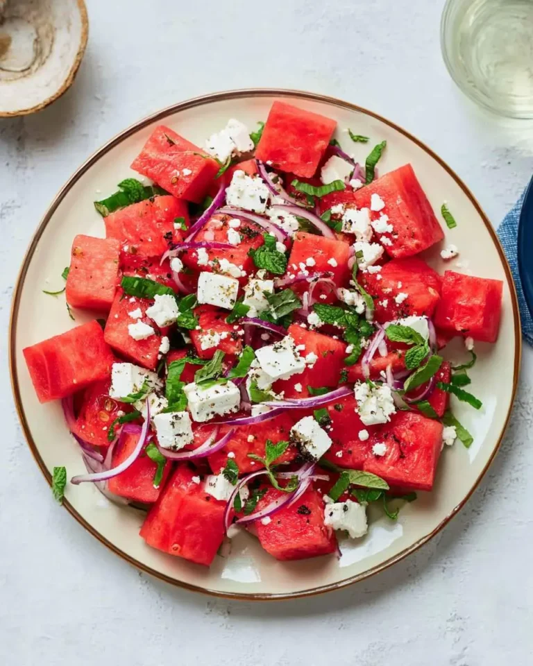 An overhead view of a vibrant watermelon salad with feta cheese, fresh mint, and red onion slices on a cream-colored plate.