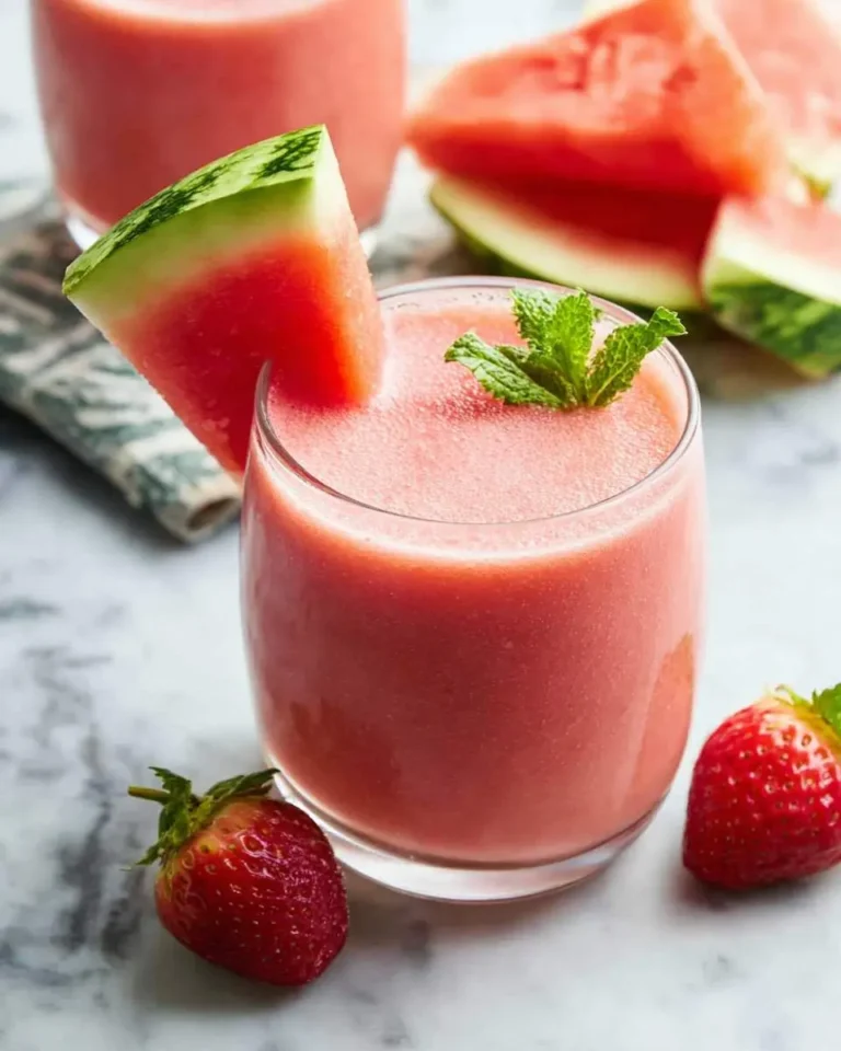 A refreshing watermelon smoothie in a glass, garnished with a watermelon slice and mint, with strawberries and watermelon in the background.