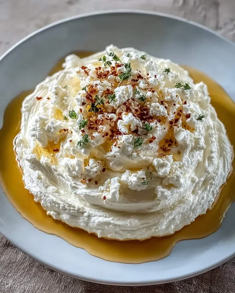 A creamy mound of whipped feta drizzled with golden honey, garnished with crumbled feta, chili flakes, and fresh thyme in a white bowl.