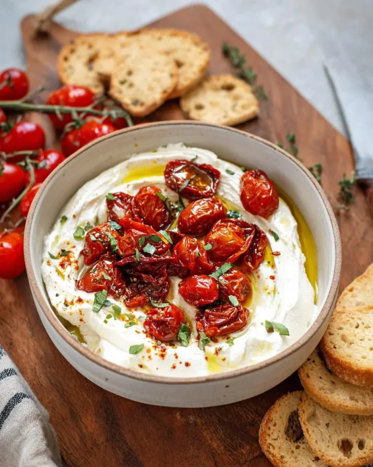 A close-up of a delicious bowl of creamy whipped feta with roasted tomatoes, drizzled with olive oil and served with toasted bread.