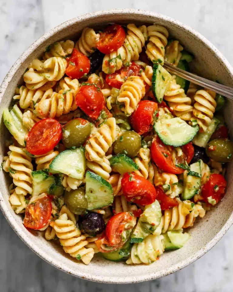 A top-down view of a colorful zesty italian pasta salad in a speckled bowl with rotini, cherry tomatoes, cucumbers, and olives.