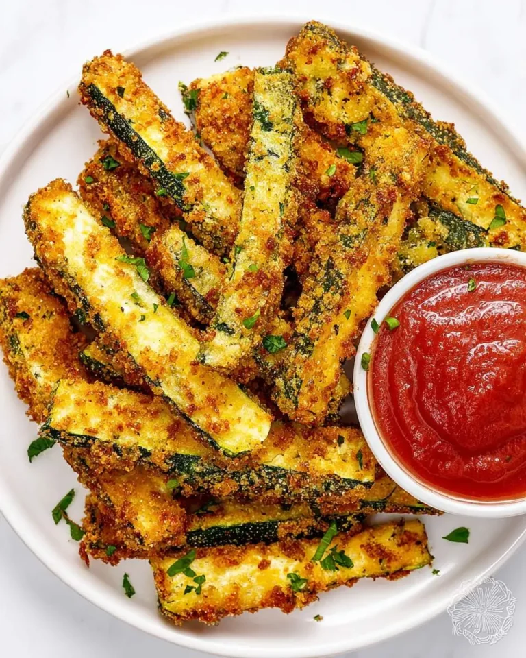 A white plate is filled with crispy, golden-brown zucchini fries garnished with fresh parsley, served with a side of ketchup.