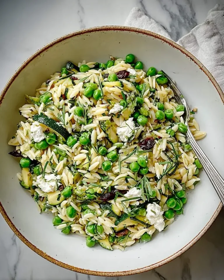 A close-up overhead shot of a fresh and vibrant Zucchini, Pea & Goat Cheese Orzo Salad in a rustic bowl with a fork.