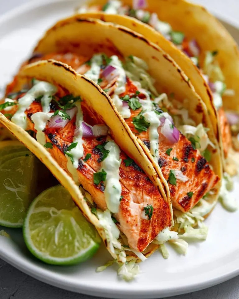 Delicious Air Fryer Salmon Tacos filled with flaky salmon, crisp cabbage, red onion, cilantro, and a creamy sauce, served with fresh lime.