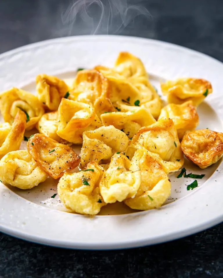A close-up shot of steaming, golden-brown Air Fryer Tortellini seasoned with black pepper and parsley, served on a white plate against a dark background.