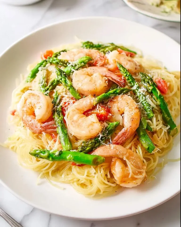 A delicious plate of angel hair pasta with succulent shrimp, vibrant green asparagus, and diced tomatoes, sprinkled with Parmesan.