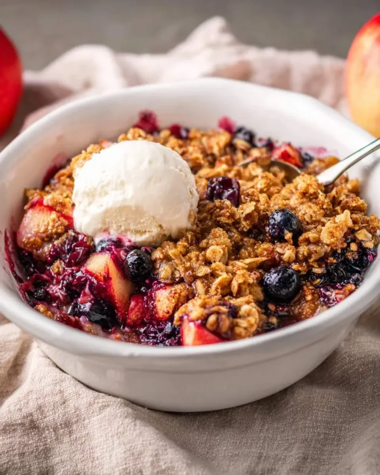 A delicious Apple Blueberry Crisp in a white bowl, topped with a scoop of melting vanilla ice cream, ready to be enjoyed.