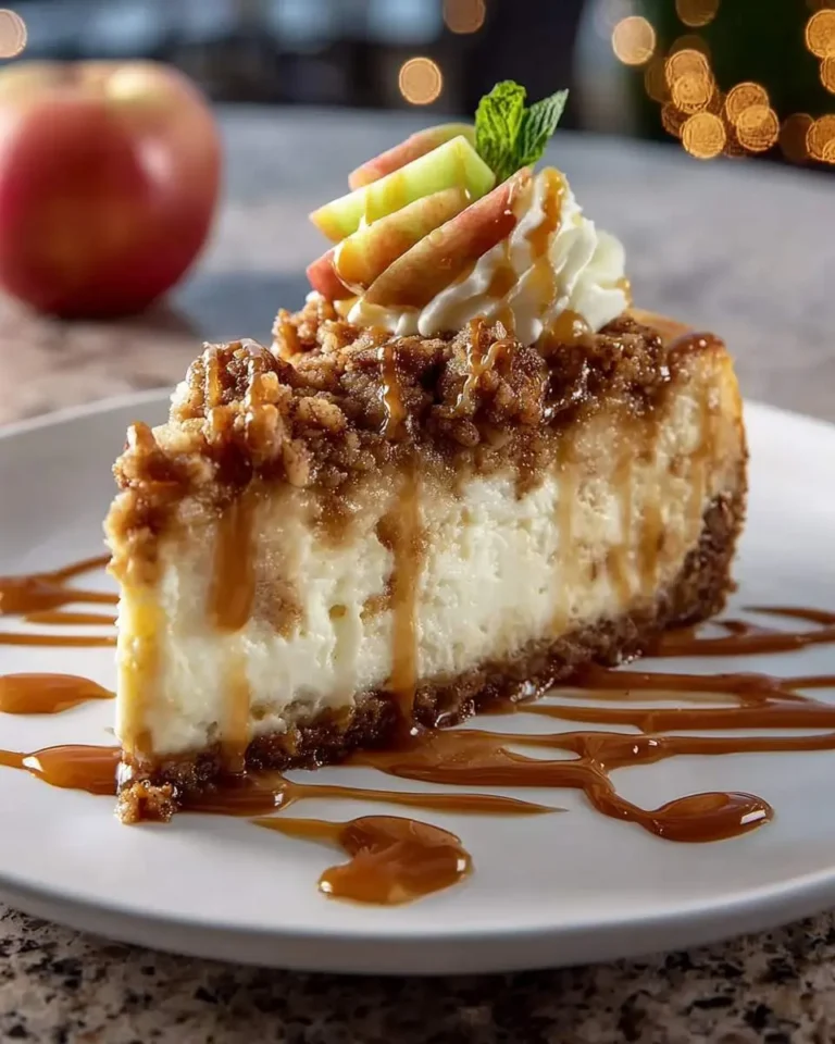 A luscious slice of Apple Crisp Cheesecake featuring a creamy filling, streusel topping, and generous caramel drizzle on a white plate.
