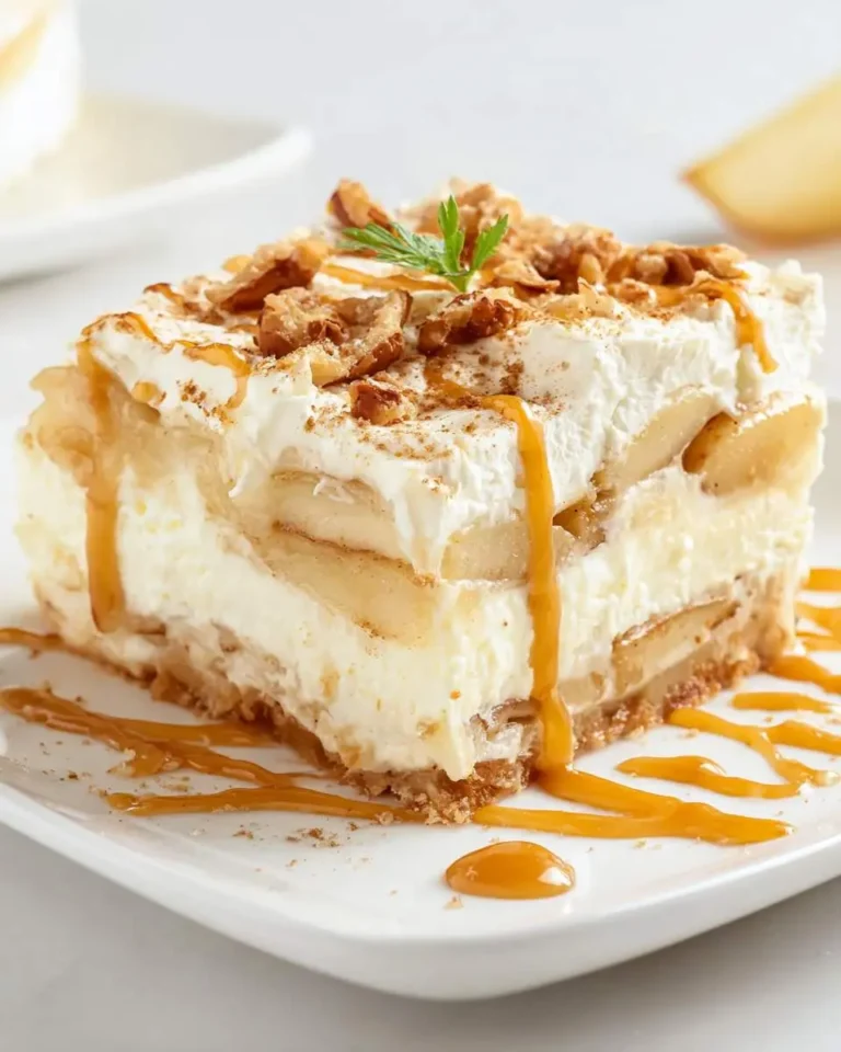 A delicious slice of apple lasagna with creamy layers, spiced apples, whipped topping, caramel drizzle, and chopped nuts.