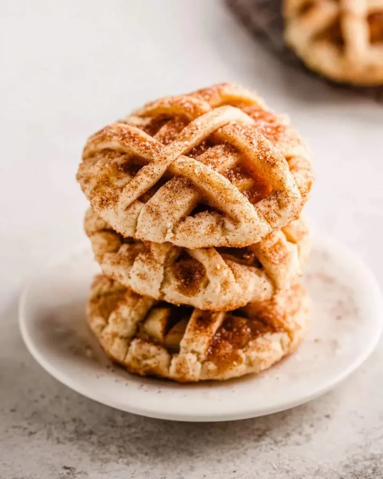 A stack of three delicious Apple Pie Cookies with a lattice crust and cinnamon sugar topping, presented on a small white plate.