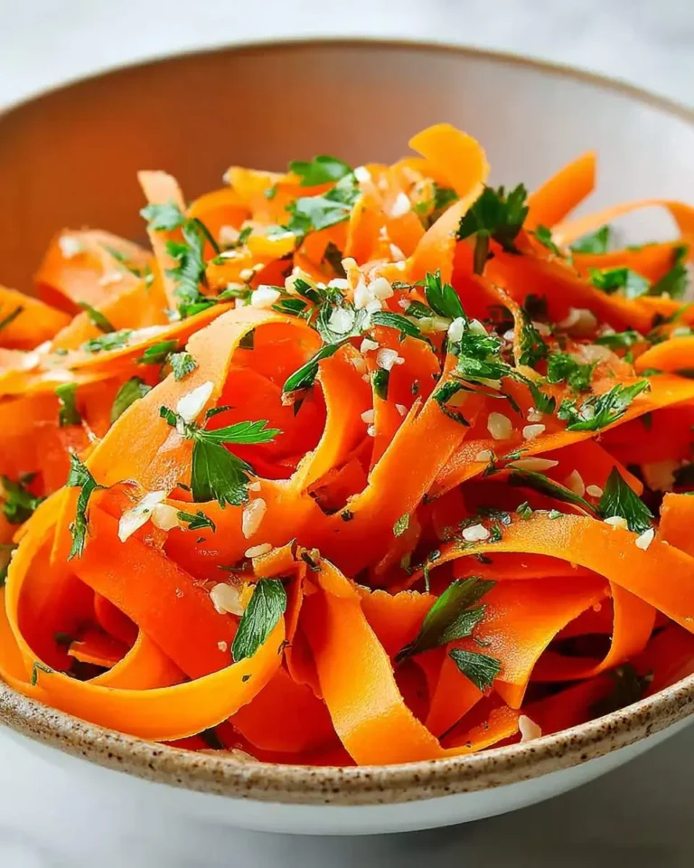 A close-up of a vibrant Asian Carrot Ribbon Salad in a rustic bowl, garnished with fresh green herbs and white sesame seeds.