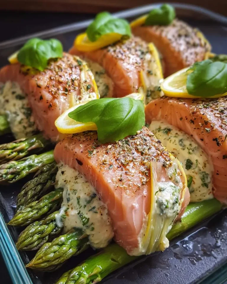 Delicious Asparagus & Lemon Basil Ricotta Stuffed Salmon Rolls with fresh lemon and basil, served over vibrant green asparagus.