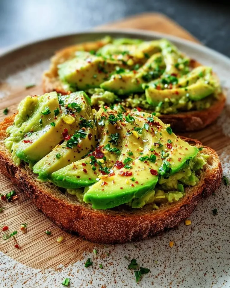 Two slices of avocado toast sandwich topped with sliced avocado, red pepper flakes, and fresh herbs on a wooden board.