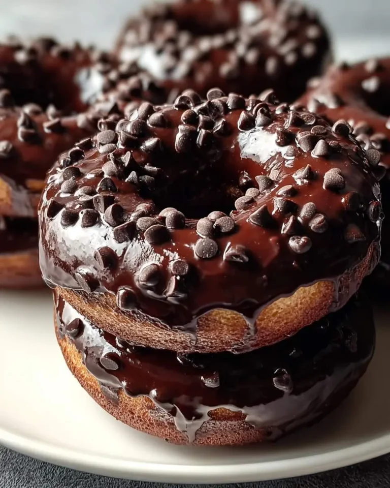 A close-up of two luscious Baked Chocolate Glazed Donuts, generously covered with mini chocolate chips, stacked on a white plate.