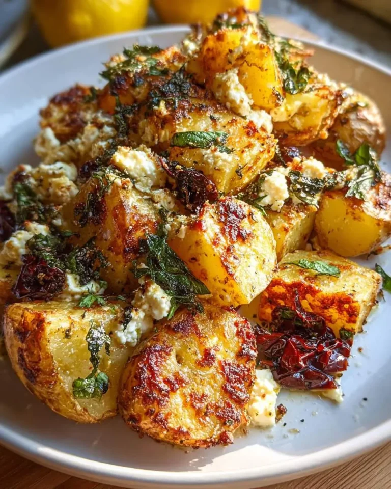 A close-up of delicious golden Baked Feta Potatoes, topped with crumbled feta, fresh green herbs, and sun-dried tomatoes on a white plate.