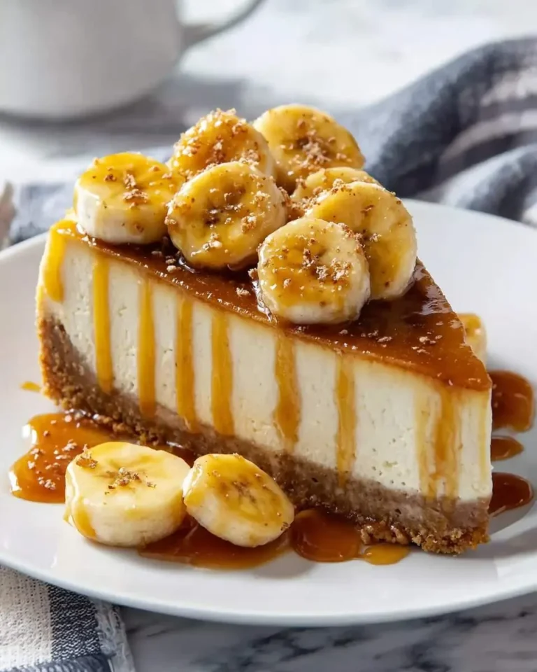 A delicious slice of Bananas Foster Cheesecake, topped with caramelized bananas and rich caramel sauce, on a white plate.