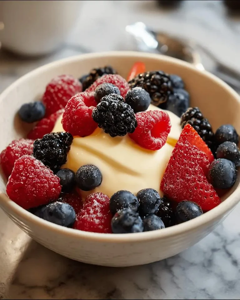 A delicious bowl of Bavarian cream with berries, topped with fresh raspberries, blueberries, blackberries, and strawberries, dusted with sugar.