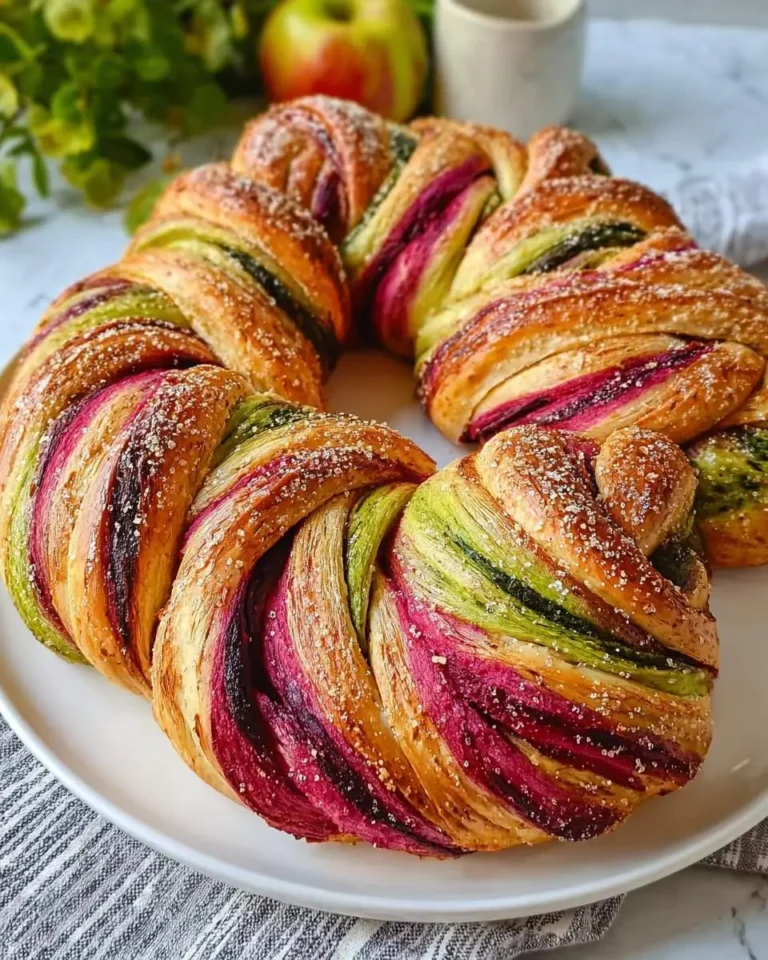 A vibrant Beetroot Spinach Bread Braid, artfully twisted with reddish-purple, green, and golden dough, sprinkled with sugar, on a white plate.