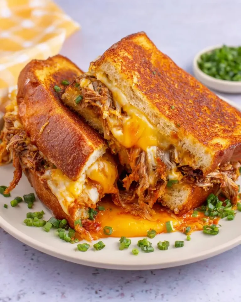 A close-up of a delicious Birria Grilled Cheese sandwich cut in half, revealing gooey melted cheese, shredded birria meat, and green onions.