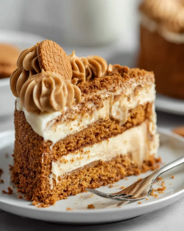 A delicious slice of Biscoff cake on a white plate, topped with creamy frosting, cookie crumbs, and a whole Biscoff cookie.