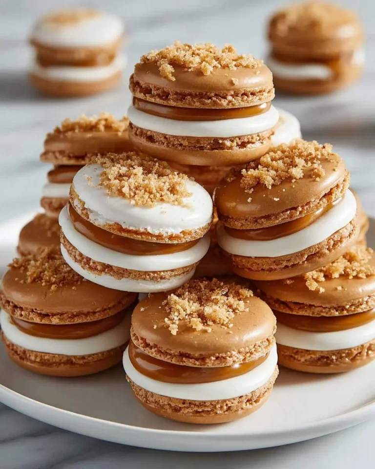 A towering pile of Biscoff Cookie Butter Macarons featuring caramel and white cream filling, dusted with crumbs, on a white plate.