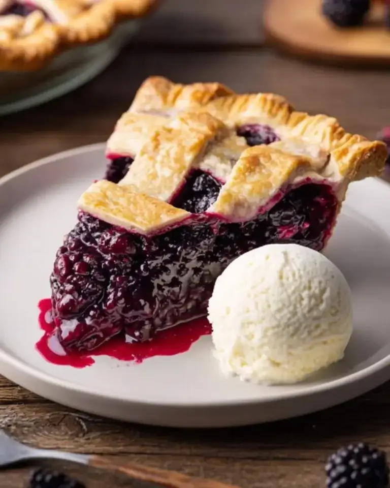 A delicious slice of black raspberry pie with a golden lattice crust, served with a scoop of vanilla ice cream on a white plate.