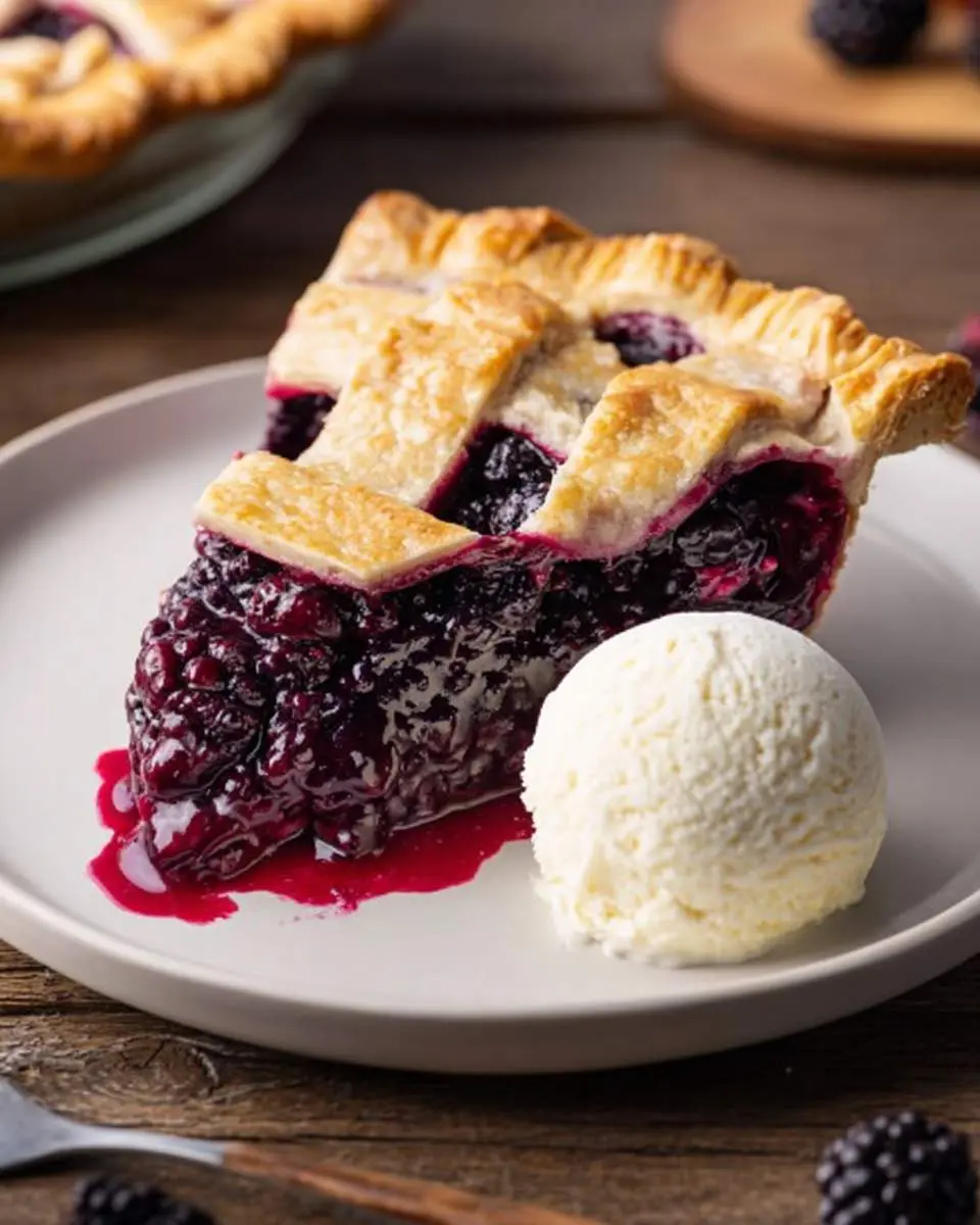 A delicious slice of black raspberry pie with a golden lattice crust, served with a scoop of vanilla ice cream on a white plate.