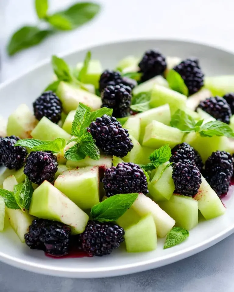 A refreshing Blackberry Honeydew Salad with fresh mint leaves served on a white plate.